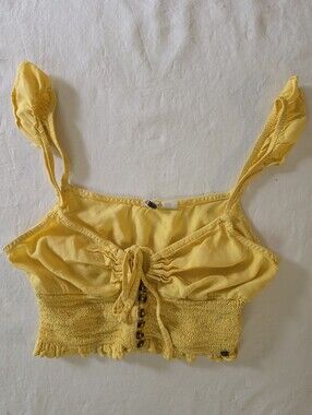 ROXY Sun Yellow Ruched Tie Front Bralette Style Cropped Cami Top Size Small